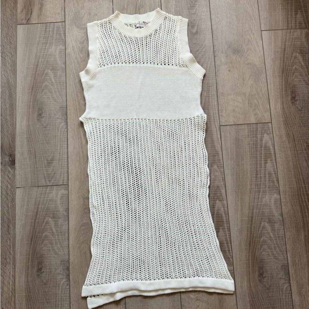 Free People Open-Weave Knit Tank Dress in Cream Beach Layering Coverup Boho